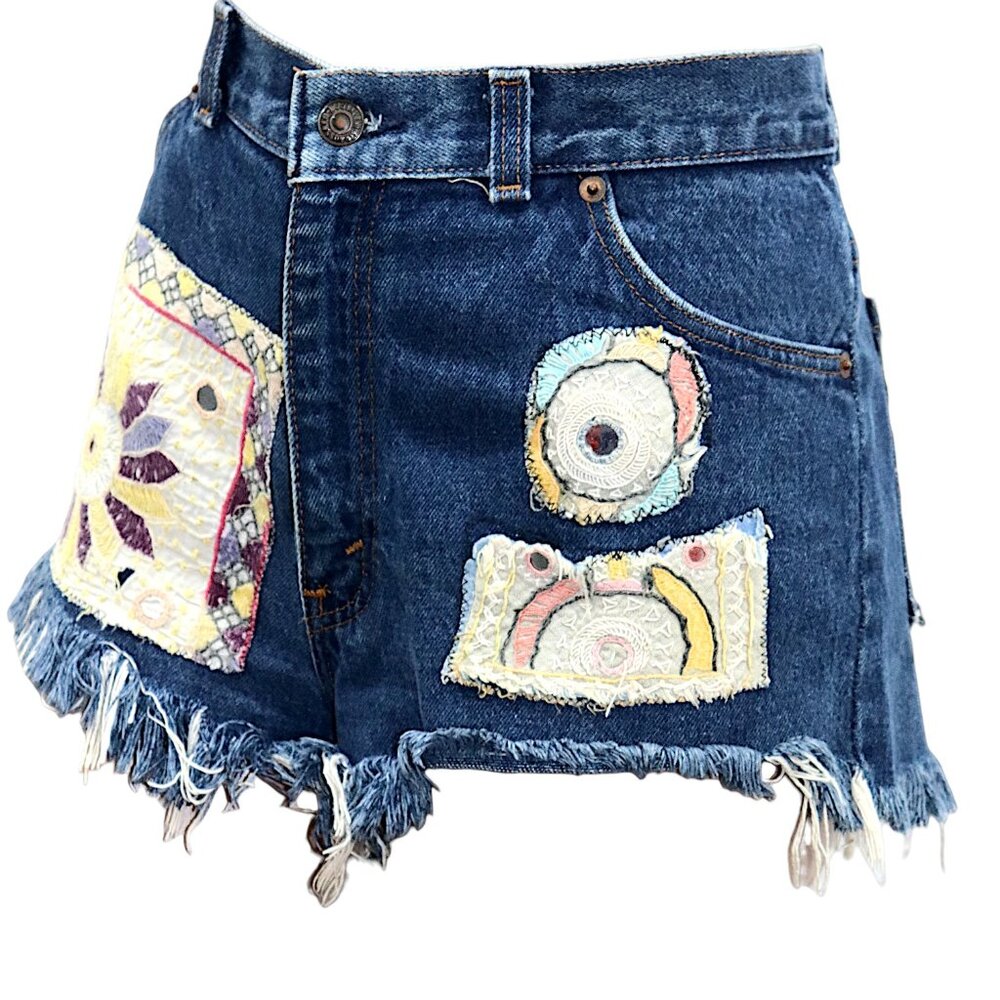 RARE LEVIS Orange Tab 1960s Patchwork Daisy Duke Denim Shorts Size 28